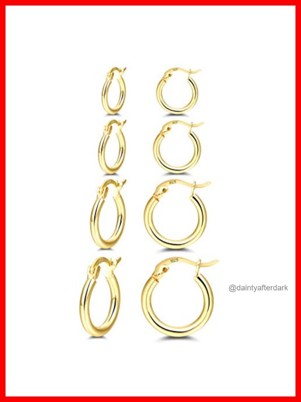 14K Gold Plated Sterling Silver Huggie Hoop Earrings Set 4 Pairs Hypoallergenic